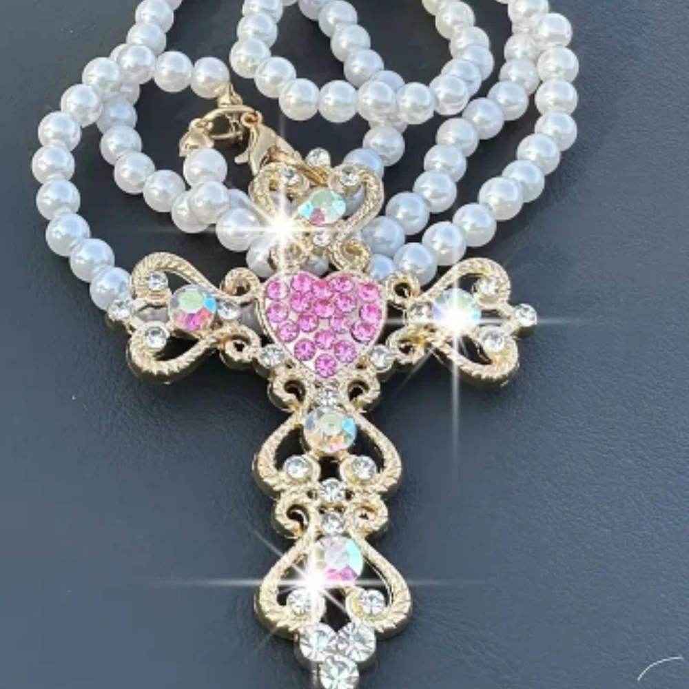 Gold and Pink Heart Cross Bracelet Bag Purse Backpack Charm